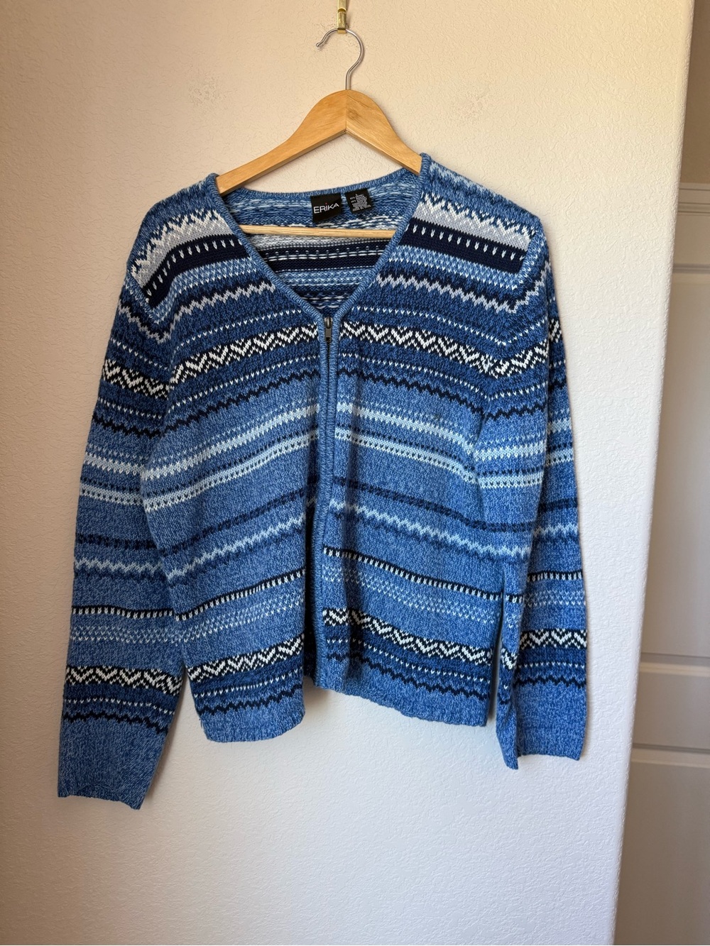 Vintage ERIKA Blue Fair Isle Nordic Zip Cardigan Sweater Ramie Cotton L